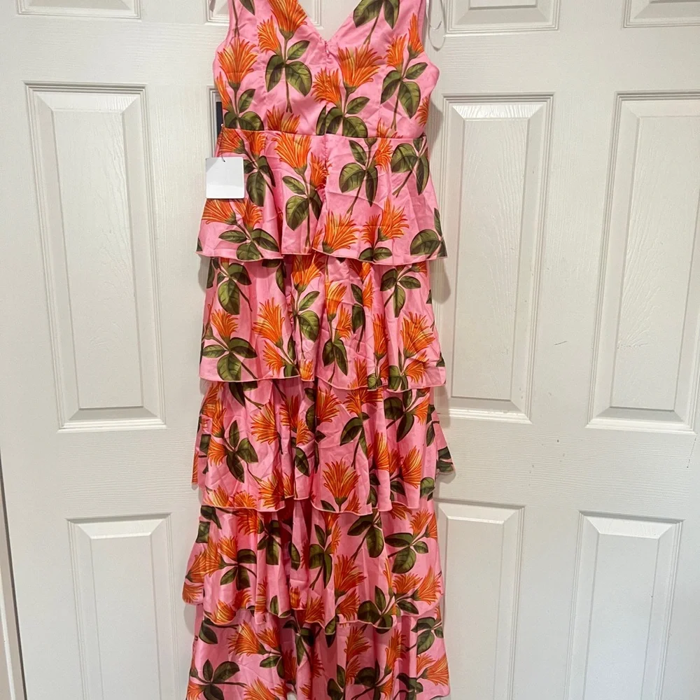LULUS Party In Palm Springs Pink Floral Tiered Maxi Dress Satin Size medium - Picture 7 of 13